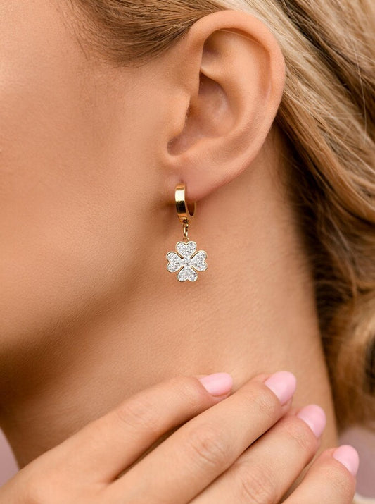Q4k Gold Plated Shine Crystal Clover Earrings