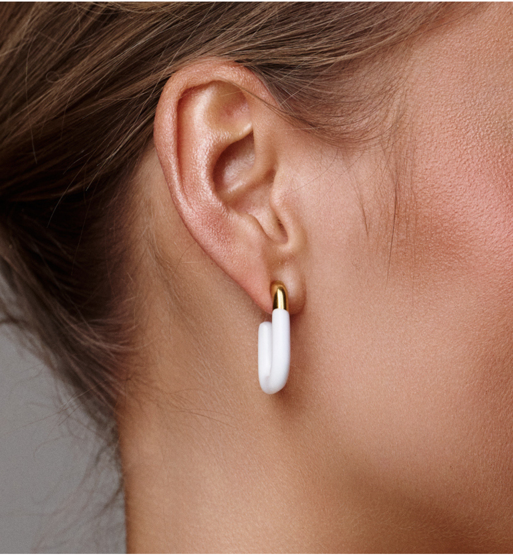 Gold Plated Oval Earrings with White Enamel