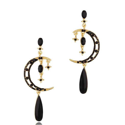 Gold & Black Crystal Moon with Stars Earrings