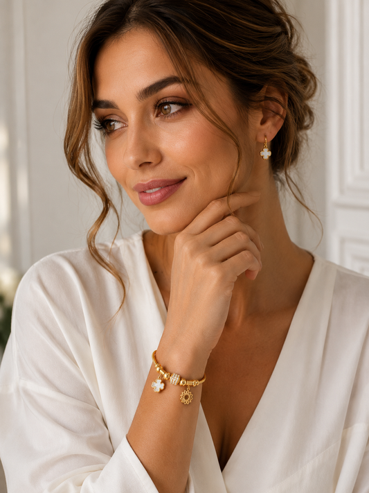 14k Gold Plated Statement Bracelet with Crystal Charm, Clover and Flower Pendants