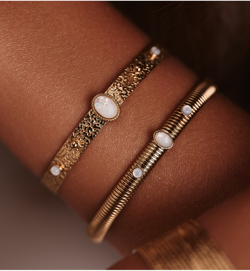 Gold Plated Earth Song Snake Elastic Bracelet with Pearls 0030