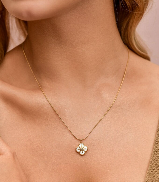 14k Gold Plated White Pearl Clover Necklace