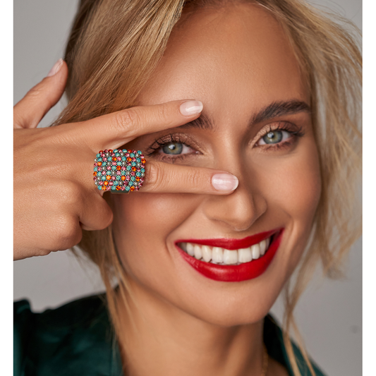 Red and Turquoise Zirconium Adjustable Ring