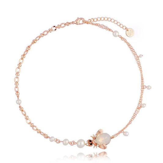 Double Rose Gold Chain Necklace with Milk White Beetle and Pearls