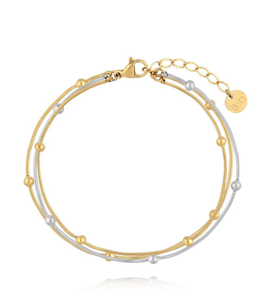 Simple Steel Silver and Gold Triple Bracelet with Balls