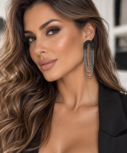 Party Time Layer Black Rhinestones Earrings with Silver Finishing
