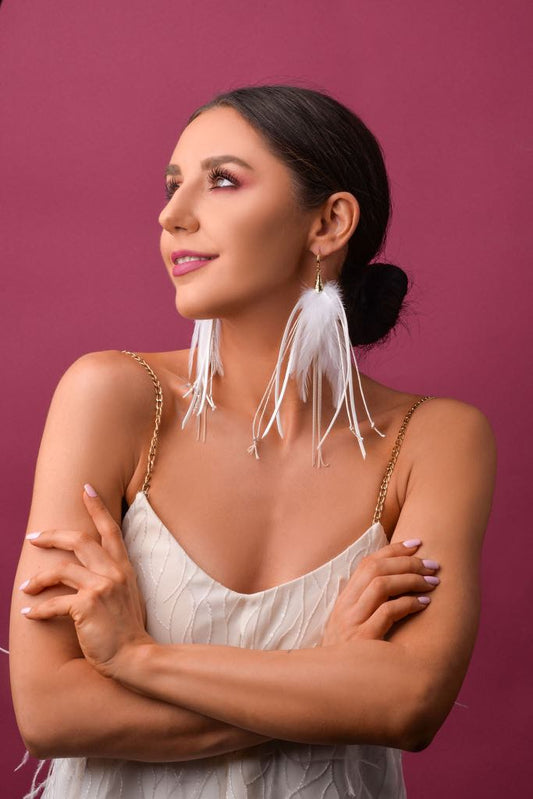 White Feather Earrings with Leather Strings and Chains (cl)