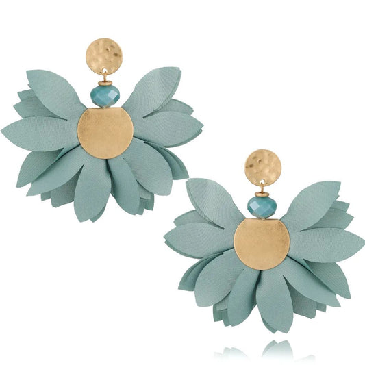 Cayan Green Satin Flower Earrings with Old Gold Finishing