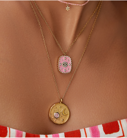 Gold Plated Necklace with Pink Double Side All Seeing Eye