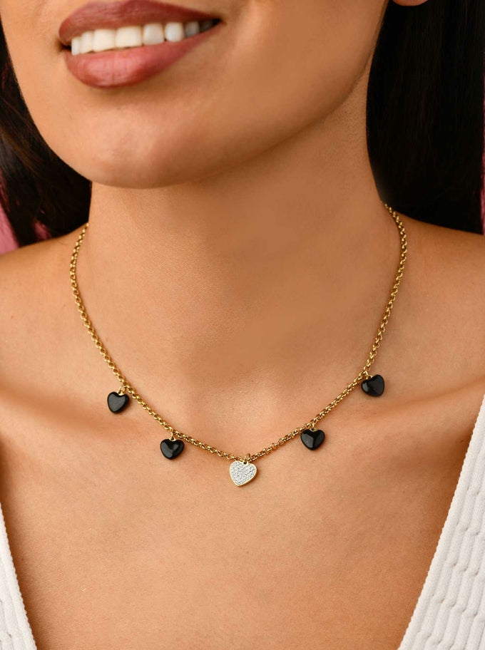 14k Gold Plated Necklace with Black & Crystal Hearts