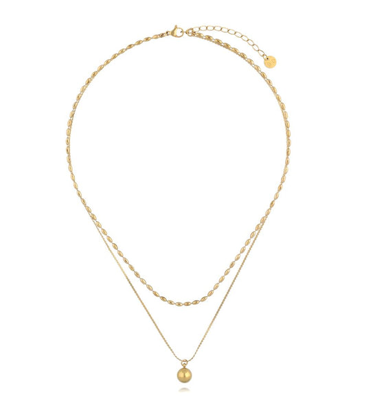 Gold Plated Double Chain Necklace with Gold Ball