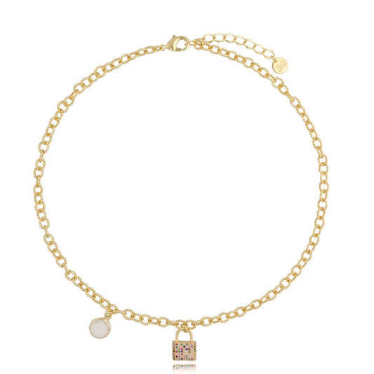 Gold Chain Necklace with Multi Color Lock Pendant (CL)