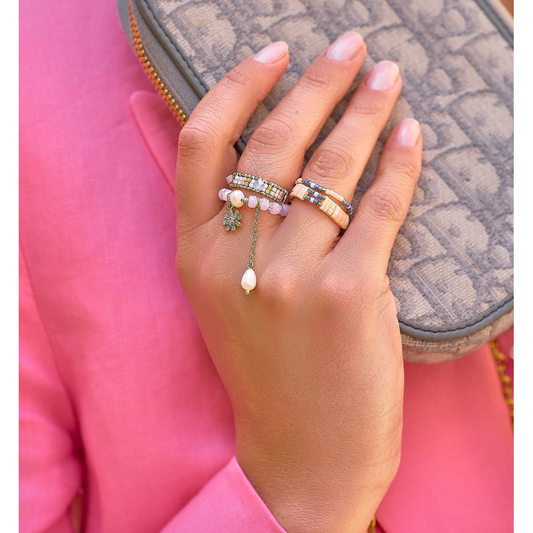 Pink Crystals Adjustable Ring with Pearl and Flower (larger diameter)