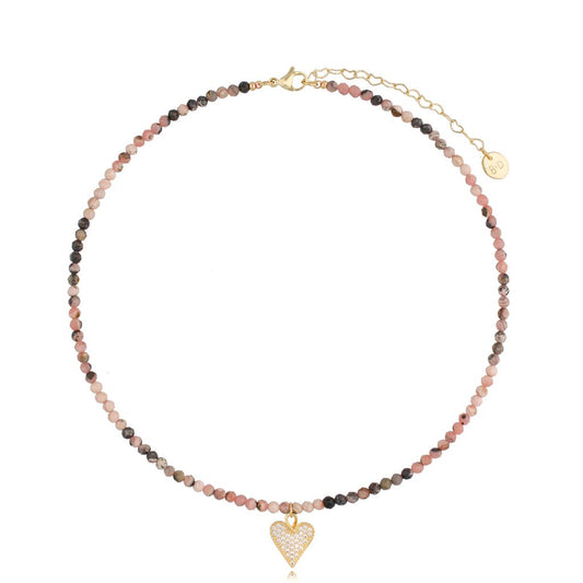 Pink and Gray Rhodochrosite Stones Necklace with Crystal Heart
