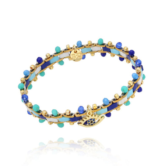 Blue & Turquoise Miyuki Beads Bracelet with Marigold Eye Pendant