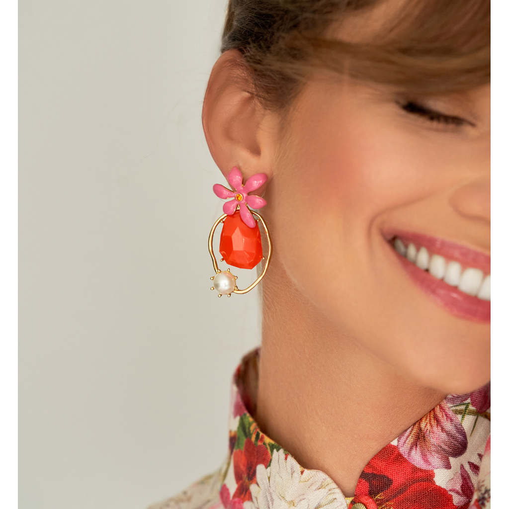 Pink & Orange Flower Earrings with Pearl