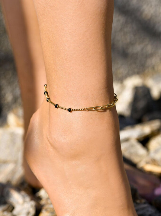 Gold Plated Multi Chain Anklet with Black Beads