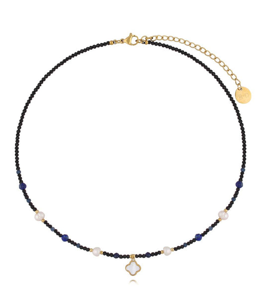 Blue Tourmaline, Lapis Lazuli and Pearls Necklace with Pearl Clover