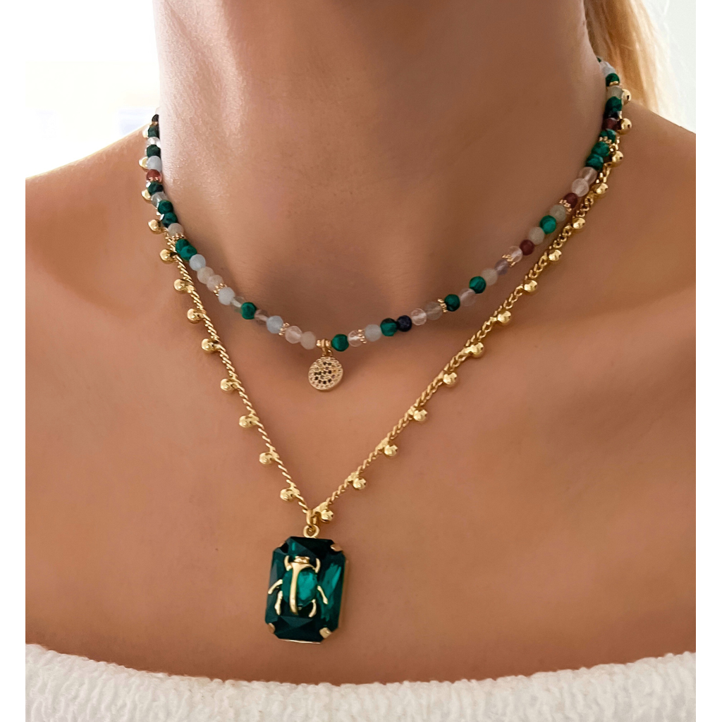 New! ~ Gold Necklace with Emerald Green Crystal and Green Beetle Siyo