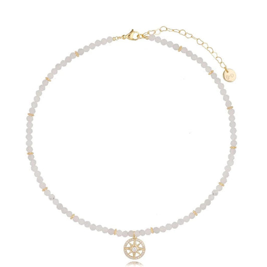 White Opal Stones Necklace with Compass Rose Pendant