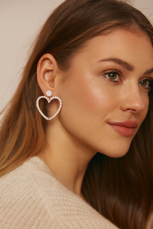 Gold Heart Earrings with White Pearls