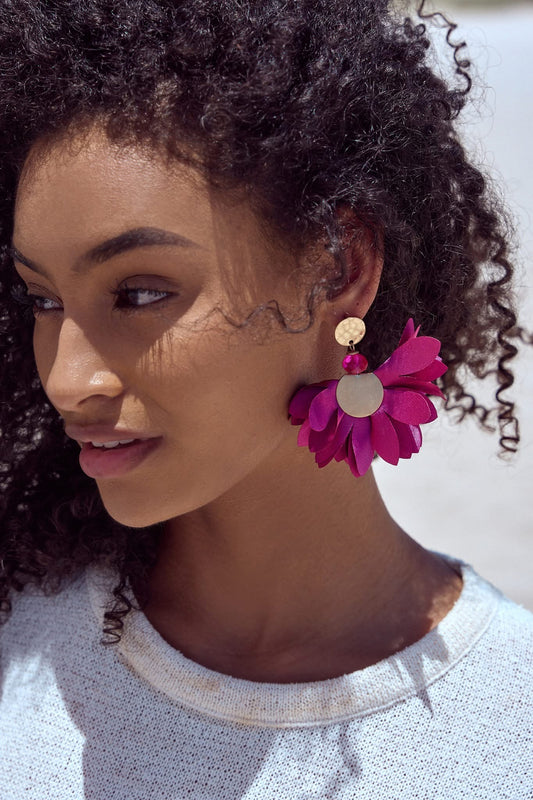 Punch Pink Satin Flower Earrings with Old Gold Finishing
