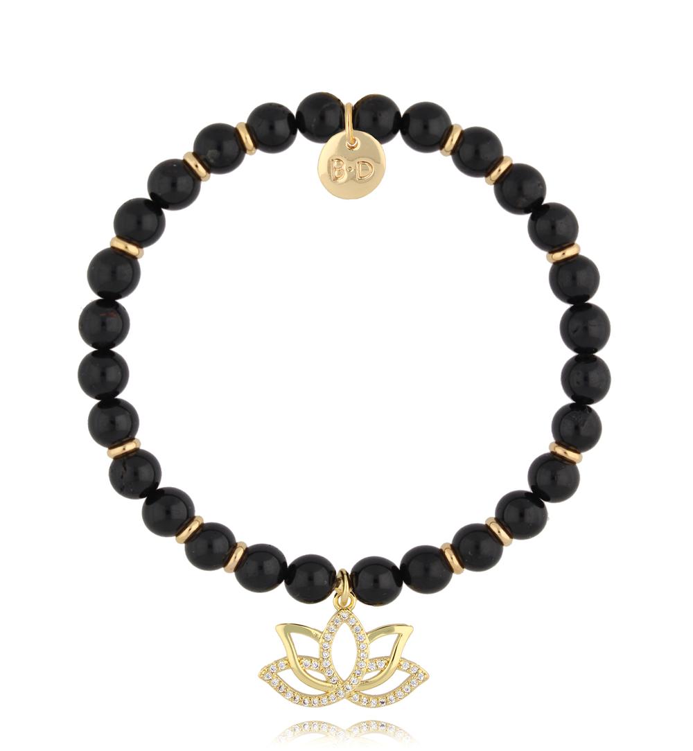 Black Tourmaline Stones Bracelet with Zirconium Lotus Flower Pendant 2816