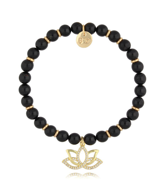 Black Tourmaline Stones Bracelet with Zirconium Lotus Flower Pendant 2816