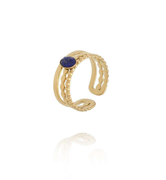 Gold Plated Adjustable Triple Ring with Lapis Lazuli Stones 0034