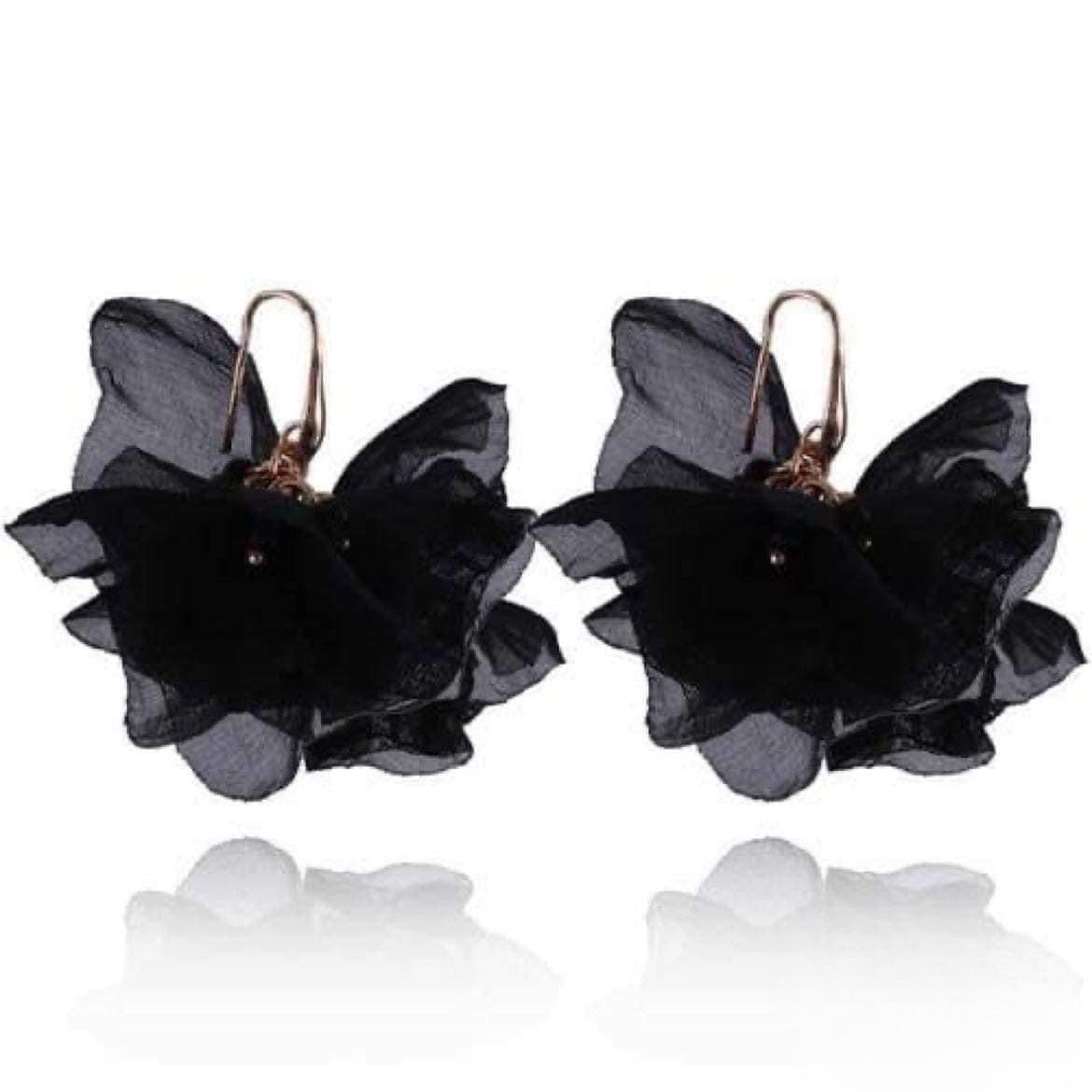 Short Black Silk Flower Earrings