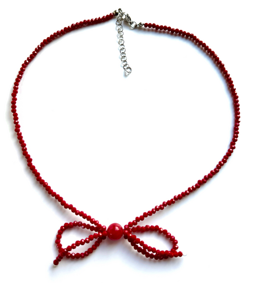 Hot Red Glass Crystals Bow Necklace