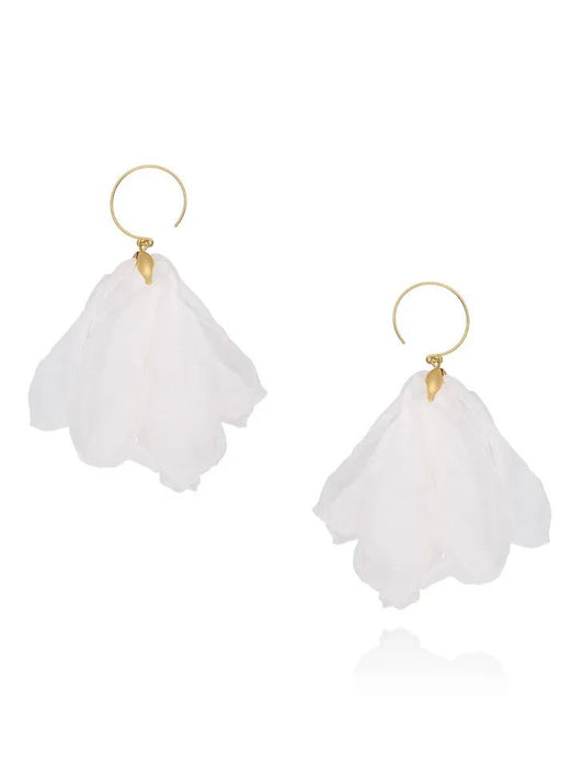 White Silk Tulip Flower Earrings with Gold Finishing