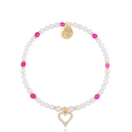 White & Fuchsia Jadeite Stones Bracelet with Zircon Heart Pendant