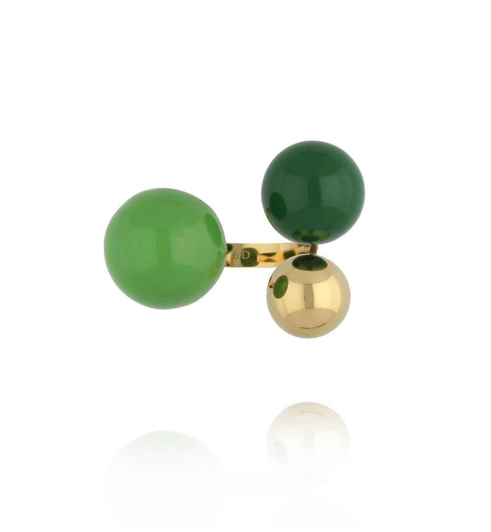 Steel and Shine Enamel Pine Green and Gold Balls Ring 1124