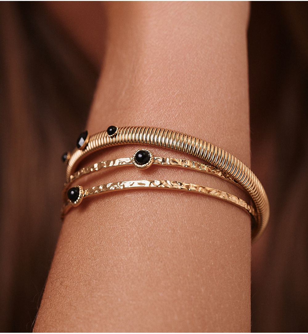 Gold Plated Earth Song Snake Elastic Bracelet with Black Agate 0034