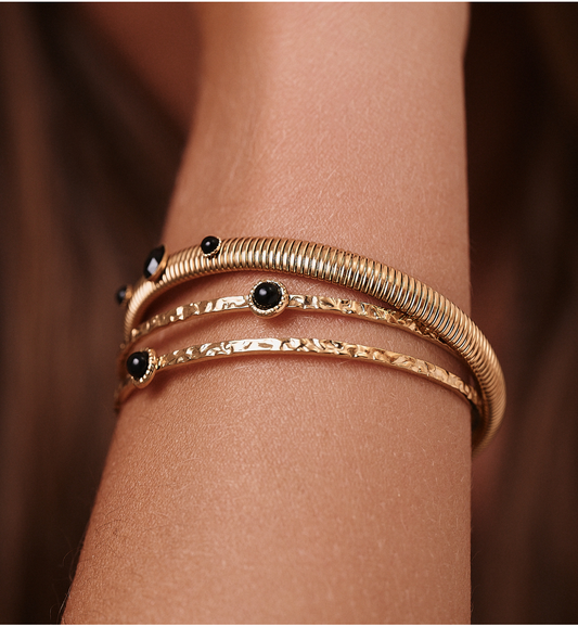 Gold Plated Earth Song Snake Elastic Bracelet with Black Agate 0034