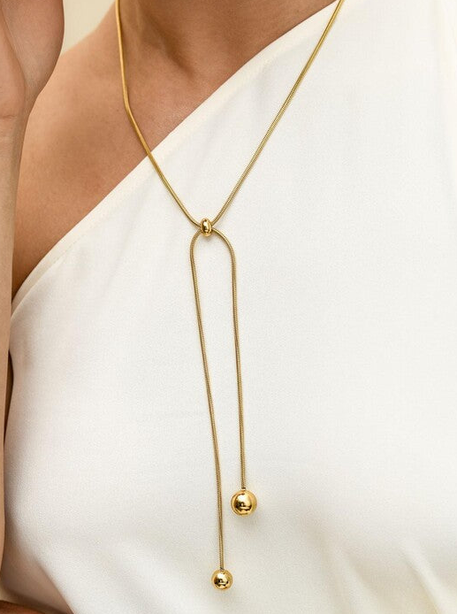 14k Gold Plated Long Adjustable Lariat Necklace with Balls s31255