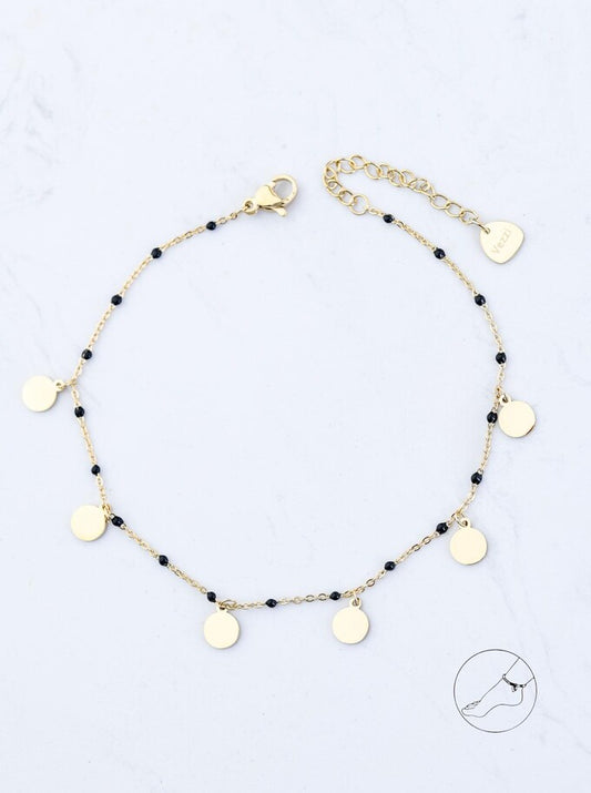 14k Gold Plated Anklet with Black Brads and Gold Flat Discs