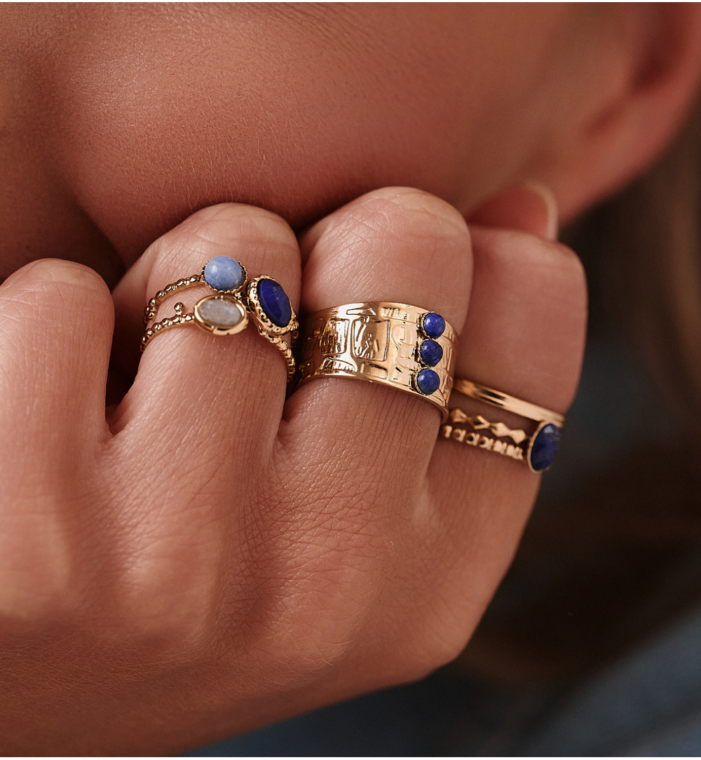 Gold Plated Wide Adjustable Ring with Lapis Lazuli Stones