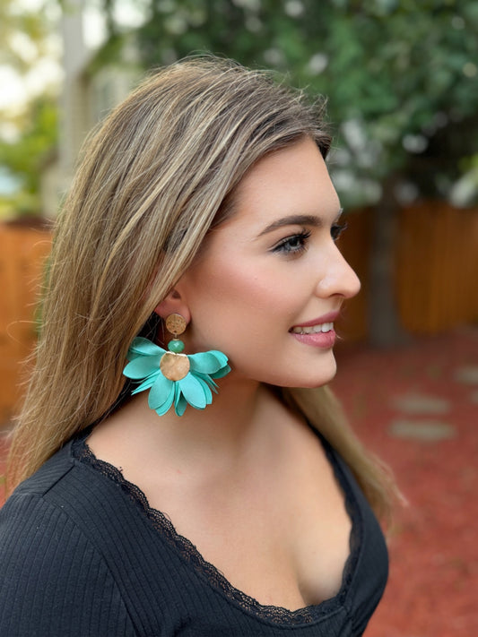 Satin Flower Earrings in Turquoise with Old Gold Finishing