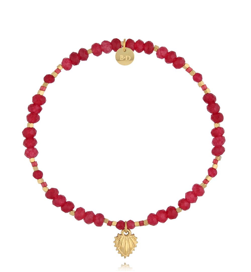 Red Jadeite and Glass Crystals Bracelet with Gold Heart 2264