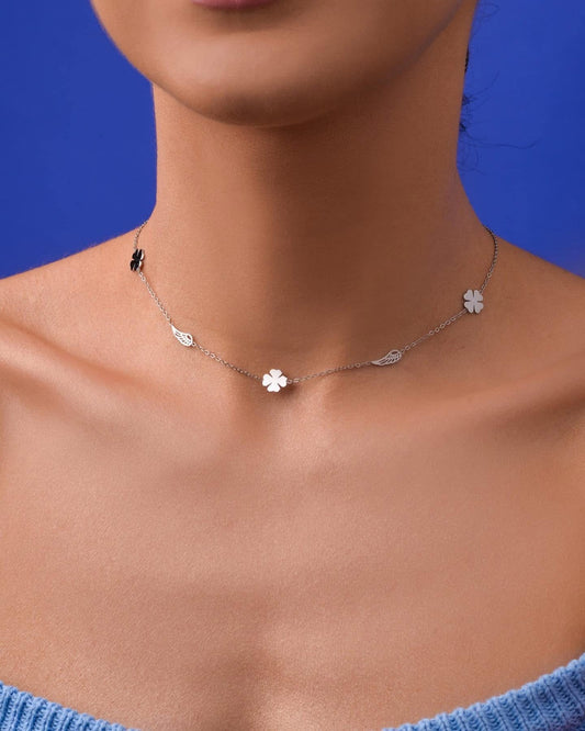 Silver Plated Angel Wing and Clovers Necklace