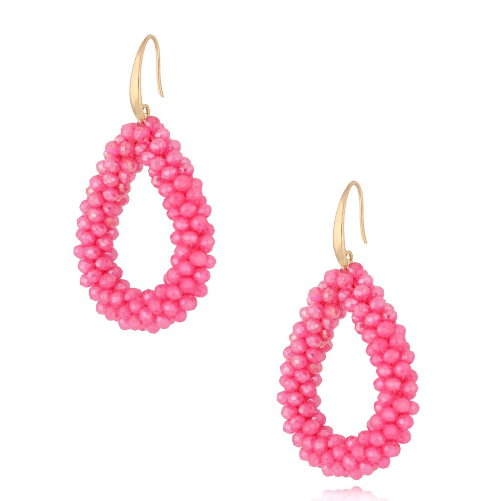 Sparkling Raspberry Pink Faceted Glass Teardrop Crystal Earrings