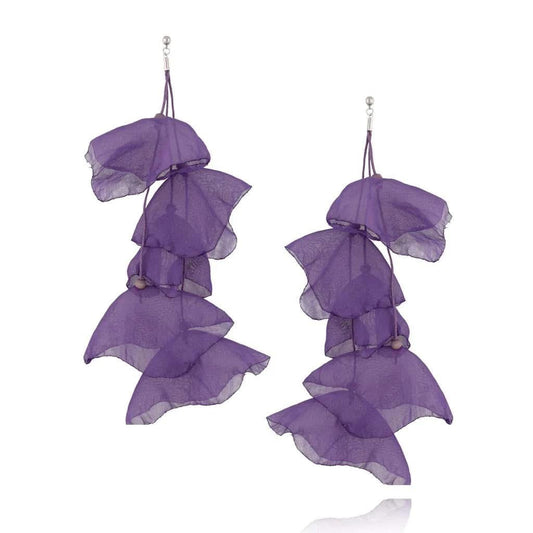 Purple Silk Flower Earrings with Gold Finish 7,5 inch Long