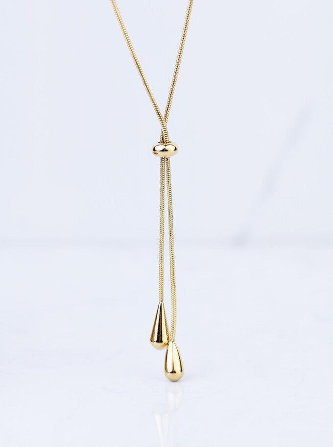 14k Gold Plated Adjustable Lariat Necklace with Two Teardrops