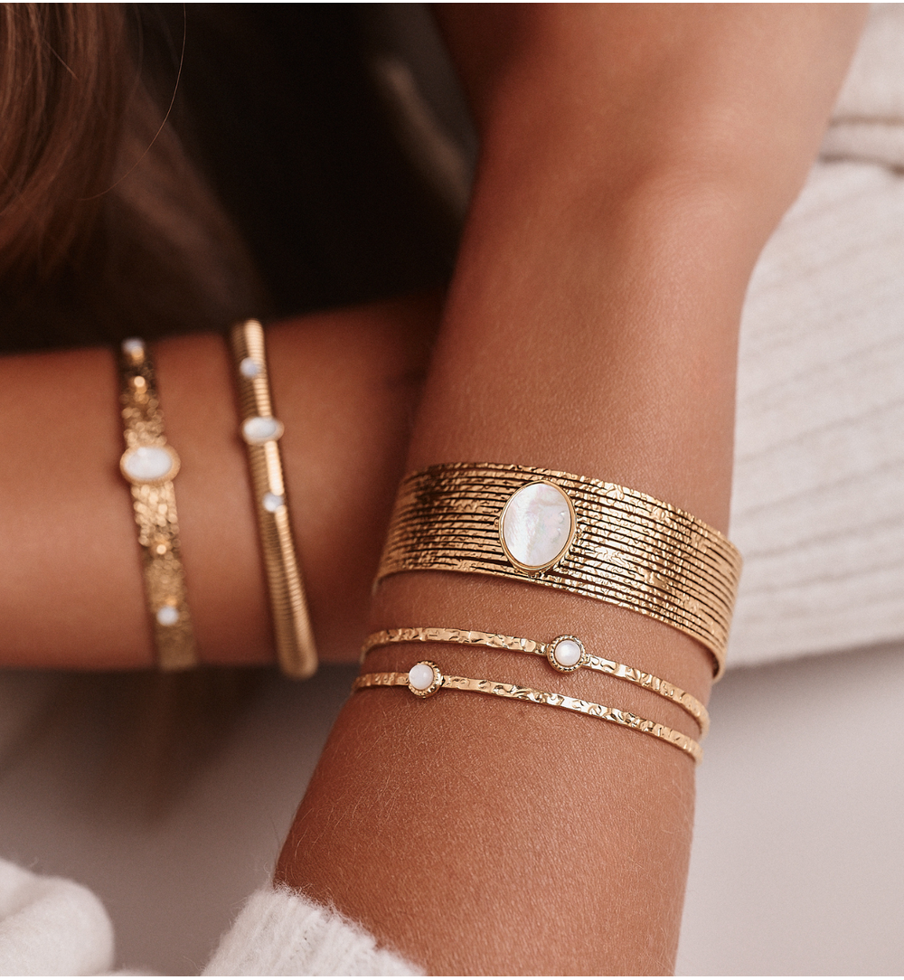 Gold Plated Earth Song Wide Cuff Bracelet with White Pearl