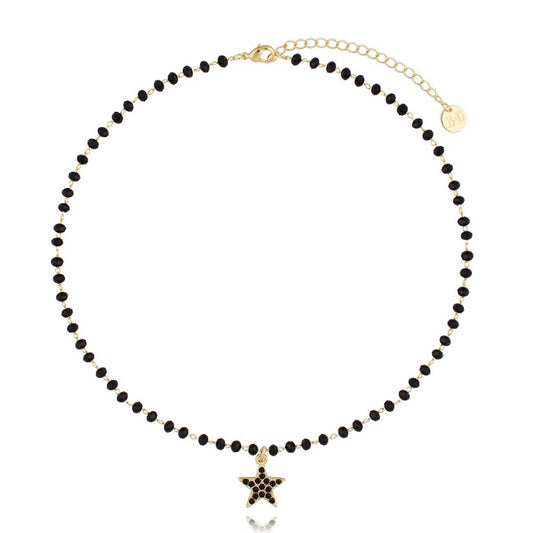 Black Agate Necklace with Black Crystals Star Pendant