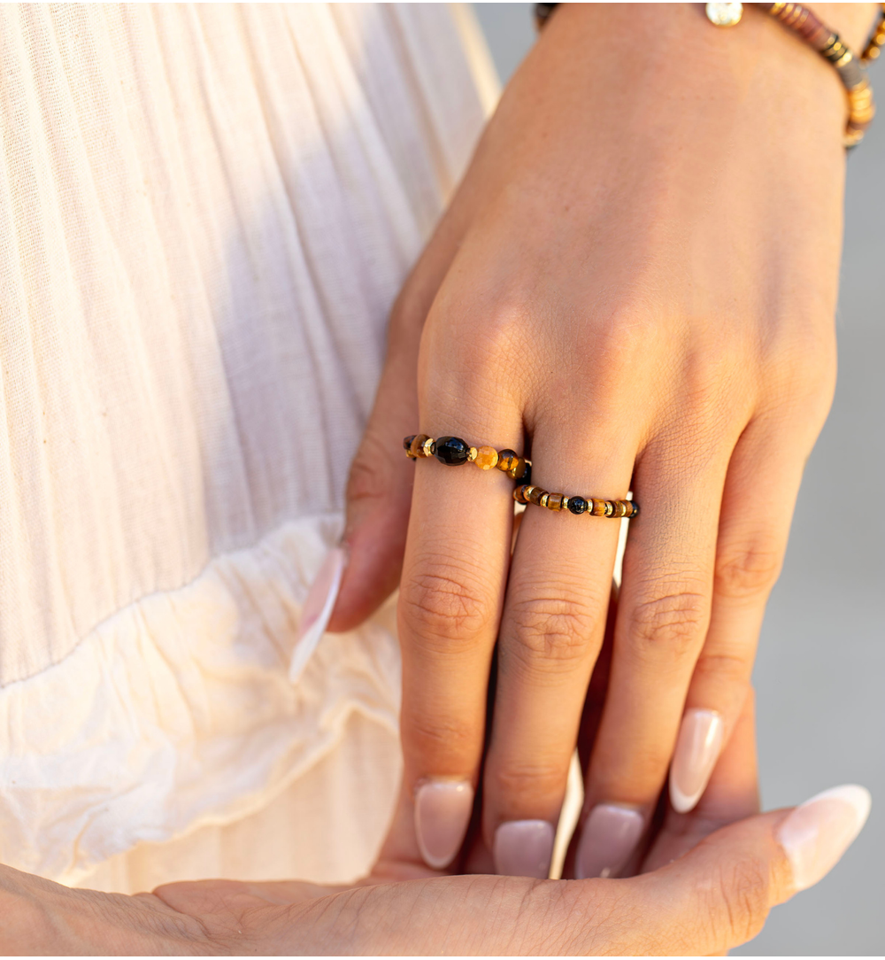 Tigers Eye & Agate Stones Elastic Ring 0766