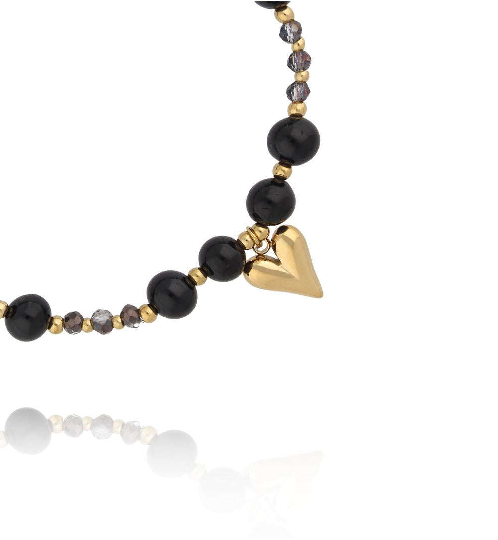 Black Tourmaline Stones Bracelet with Gold Heart Paradise 0618