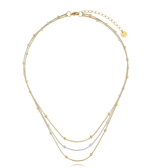 Simple Steel Silver and Gold Triple Necklace with Balls